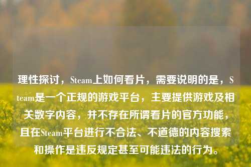 理性探讨,Steam上如何看片,需要说明的是,Steam是一个正规的游戏平台,主要提供游戏及相关数字内容,并不存在所谓看片的官方功能,且在Steam平台进行不合法、不道德的内容搜索和操作是违反规定甚至可能违法的行为。