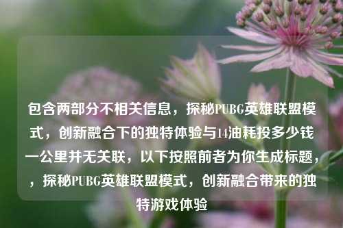 包含两部分不相关信息，探秘PUBG英雄联盟模式，创新融合下的独特体验与14油耗投多少钱一公里并无关联，以下按照前者为你生成标题，，探秘PUBG英雄联盟模式，创新融合带来的独特游戏体验